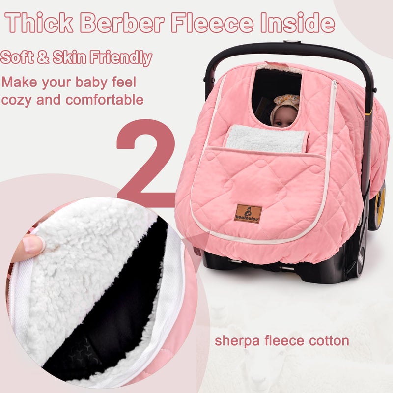 beatoutou Winter Carseat Cover for Babyï¼ŒWaterproof Baby Car Seat Cover Compatible with Doona Car Seat and Strollerï¼ŒCold Weather Warm Car Seat Covers for Babies, Keeps Babies Warm and Cozy (Pink) - Image 3