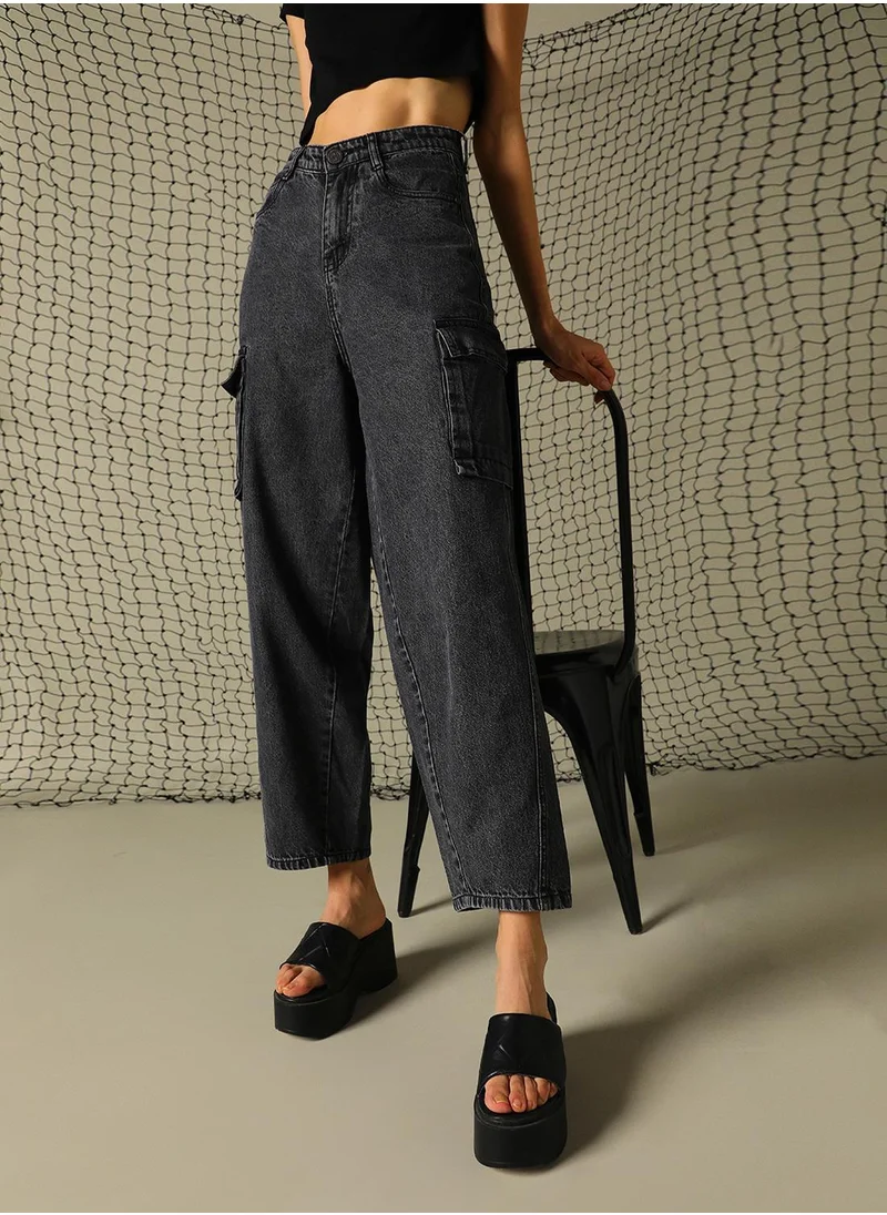 هوبرهولمي Women's Black 100% Cotton Distressed Full Length Cargo Tapered Fit Jeans