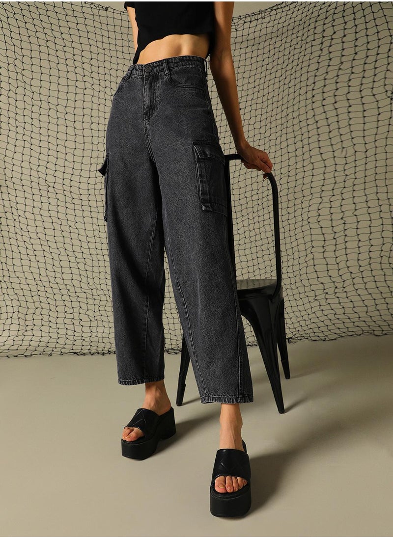 Hubberholme Women's Black 100% Cotton Distressed Full Length Cargo Tapered Fit Jeans  - Image 5