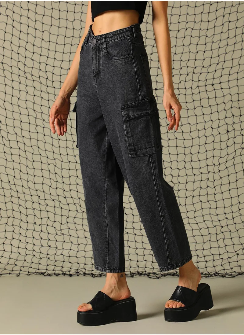 هوبرهولمي Women's Black 100% Cotton Distressed Full Length Cargo Tapered Fit Jeans