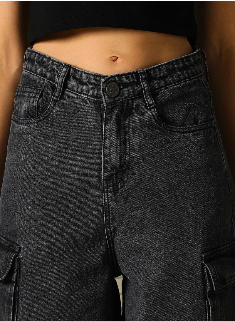 Hubberholme Women's Black 100% Cotton Distressed Full Length Cargo Tapered Fit Jeans  - Image 4