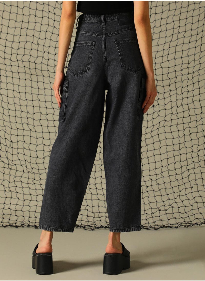 Hubberholme Women's Black 100% Cotton Distressed Full Length Cargo Tapered Fit Jeans  - Image 3