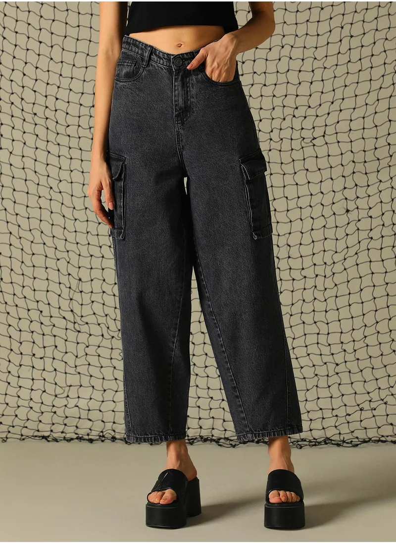 هوبرهولمي Women's Black 100% Cotton Distressed Full Length Cargo Tapered Fit Jeans