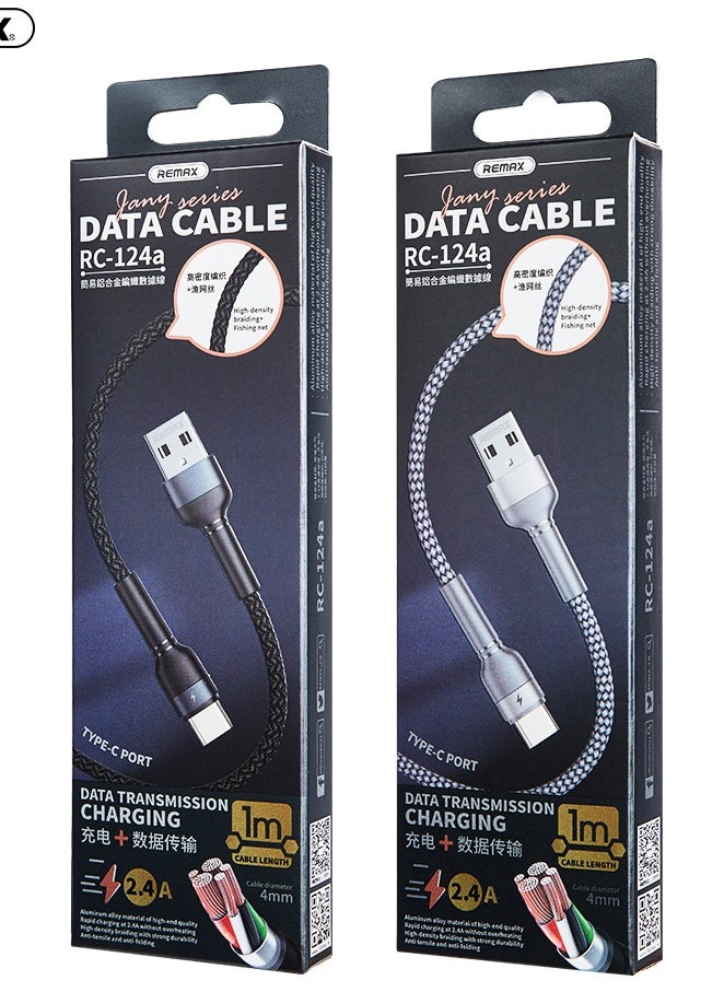 REMAX - RC-124a USB C to USB A Cable, Black, Braided 1m, Type C Fast Charging Data for iPhone 15/15Pro/15Max, iPad, Huawei P60/P50/P40/Mate30/20/10, Samsung S23/22/21, Xiaomi M13/M12/M11, Oppo, Vivo, etc. - Image 1
