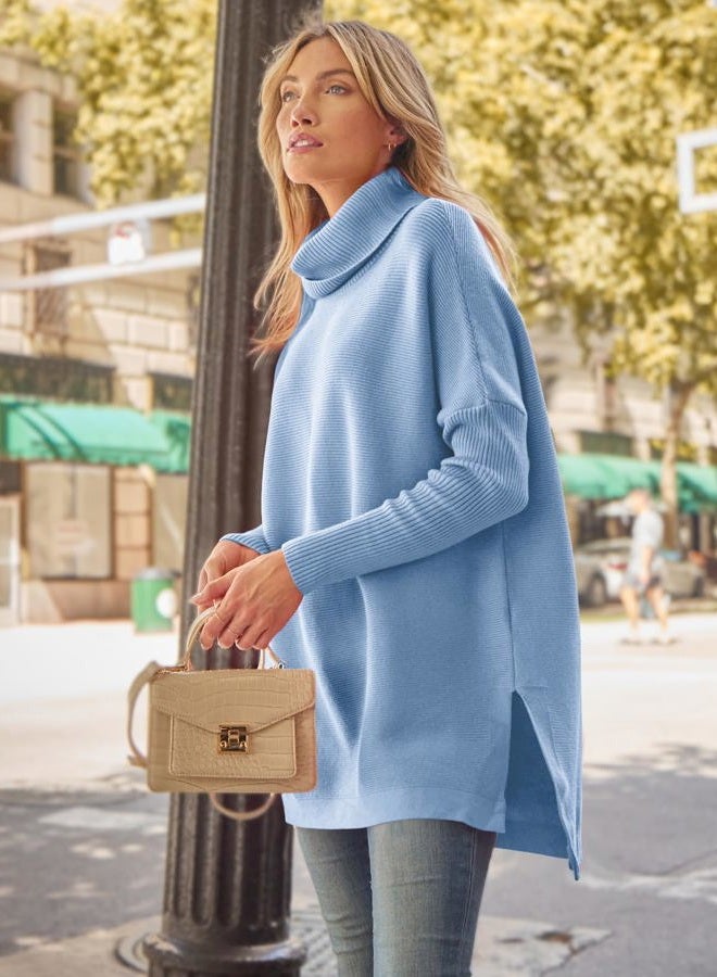 LILLUSORY Women's Turtleneck Oversized Sweaters Long Batwing Sleeve Spilt Hem Tunic Pullover Knit Tops, Light Blue, M - Image 4