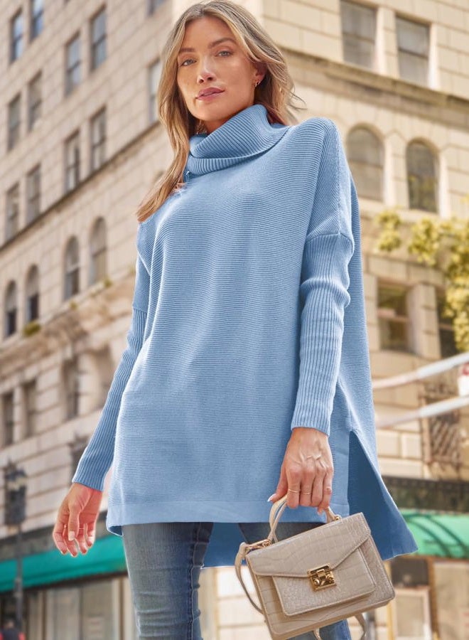 LILLUSORY Women's Turtleneck Oversized Sweaters Long Batwing Sleeve Spilt Hem Tunic Pullover Knit Tops, Light Blue, M - Image 5
