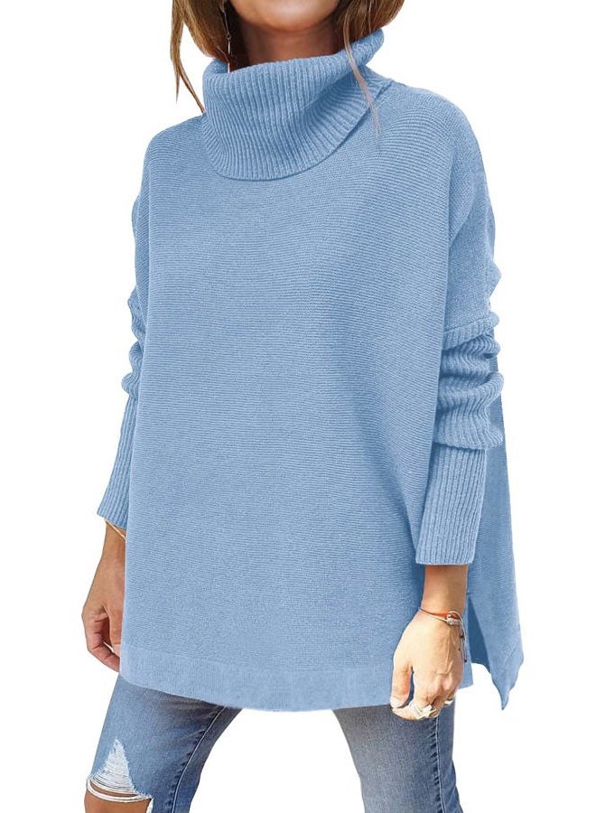 LILLUSORY Women's Turtleneck Oversized Sweaters Long Batwing Sleeve Spilt Hem Tunic Pullover Knit Tops, Light Blue, M - Image 1