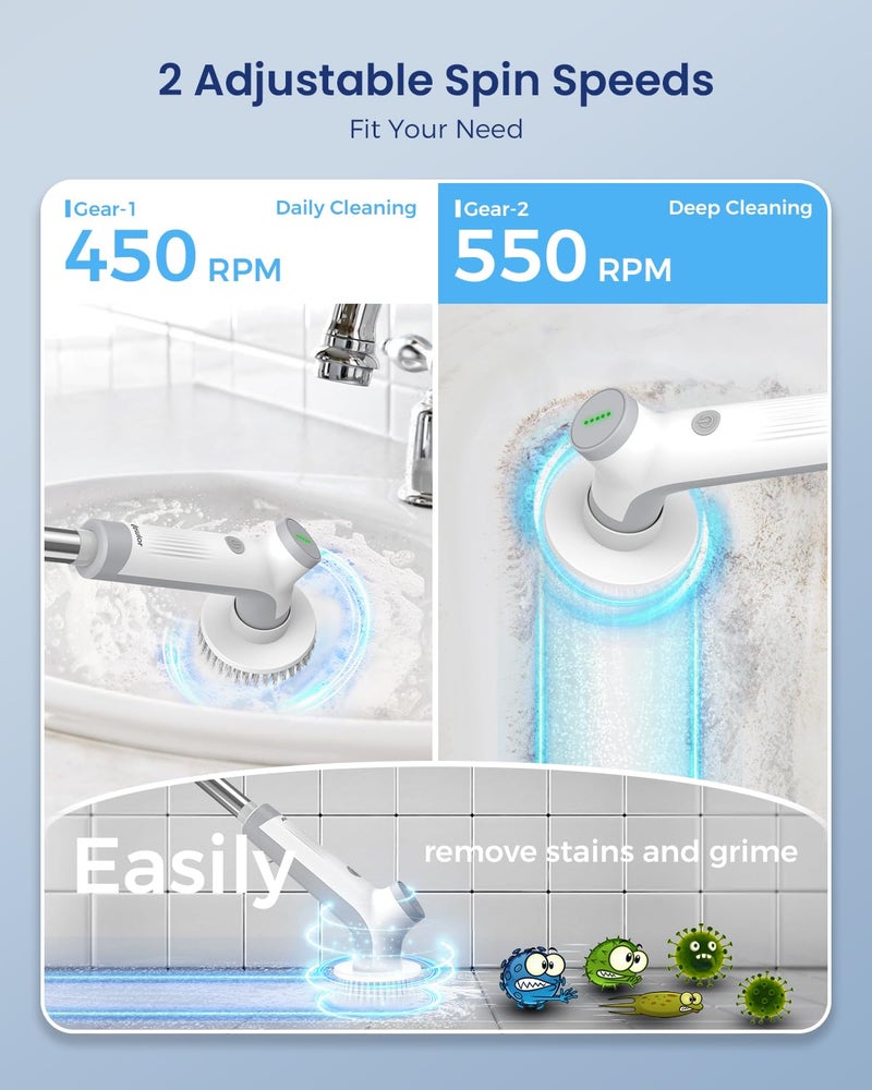 VEWIOR Electric Spin Scrubber, Cordless Cleaning Brush with 3 Adjustable Angle 2 Speeds 3 Replaceable Brush Heads, Electric Cleaning Brush for Floor Bathroom Tub Tile Kitchen Window - Image 4