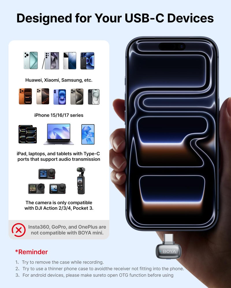 BOYA ميكروفون لافاليير لاسلكي BOYA ميني 2 لجهاز iPhone 15/16/17 وAndroid، إلغاء الضوضاء بالذكاء الاصطناعي، تحكم عبر التطبيق، عمر بطارية 30 ساعة مع علبة شحن، ميكروفون لاسلكي لتسجيل الفيديو والبودكاست والفلوغ - Image 5