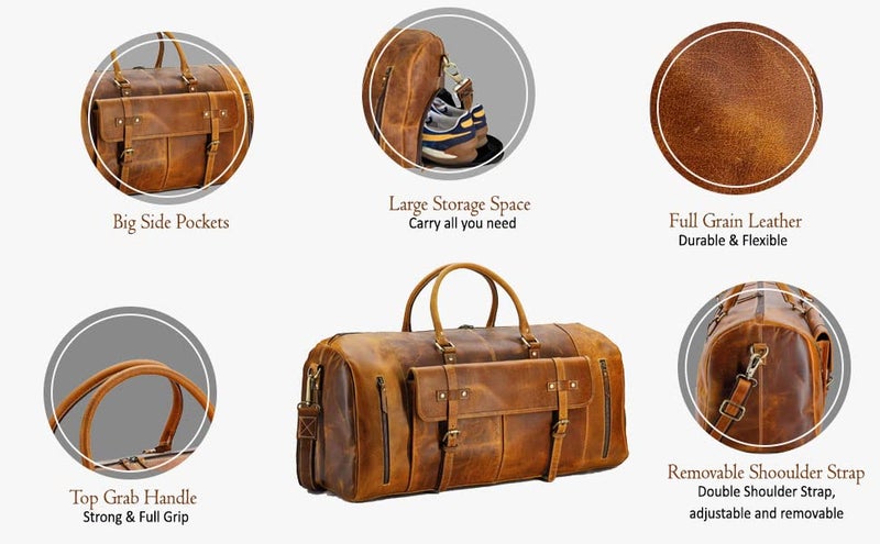 KomalC حقائب دفل جلدية كومال سي 24 بوصة للرجال والنساء، جلد بوفالو كامل الحبة، بني مع جيب للأحذية - Image 3