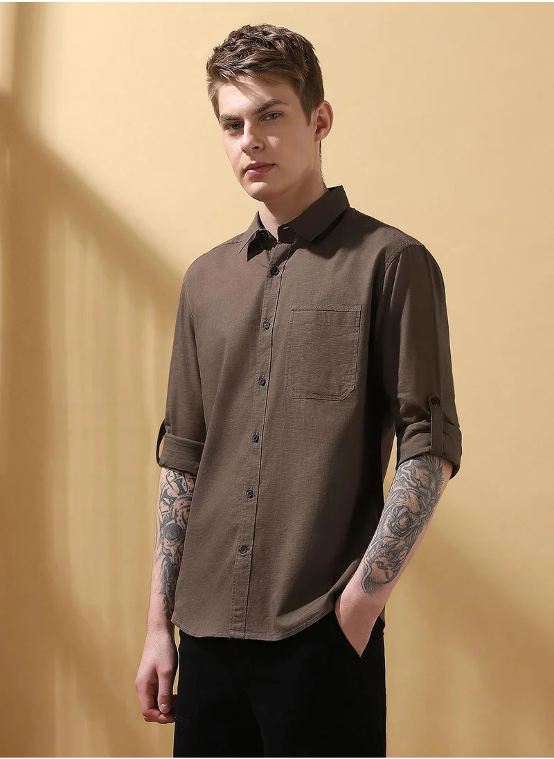 دينيس لينغو Upgrade your wardrobe with this premium Brown Regular Fit Shirts Textured design crafted from 100% Cotton featuring Long Sleeves with Button closure.