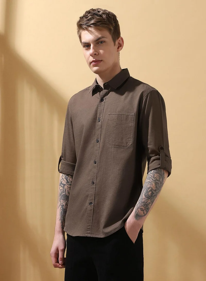 Dennis Lingo Men's Brown 100% Cotton Textured Button Down Regular FiT-Shirt