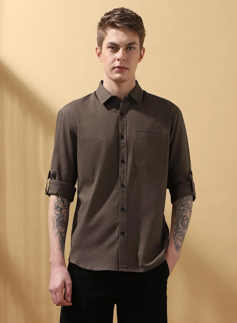 Dennis Lingo Men's Brown 100% Cotton Textured Button Down Regular FiT-Shirt