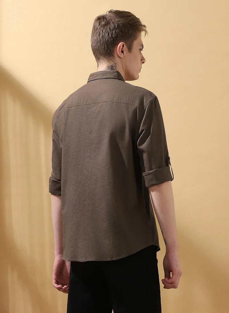 Dennis Lingo Men's Brown 100% Cotton Textured Button Down Regular FiT-Shirt
