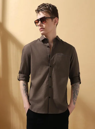 Dennis Lingo Men's Brown 100% Cotton Textured Button Down Regular FiT-Shirt