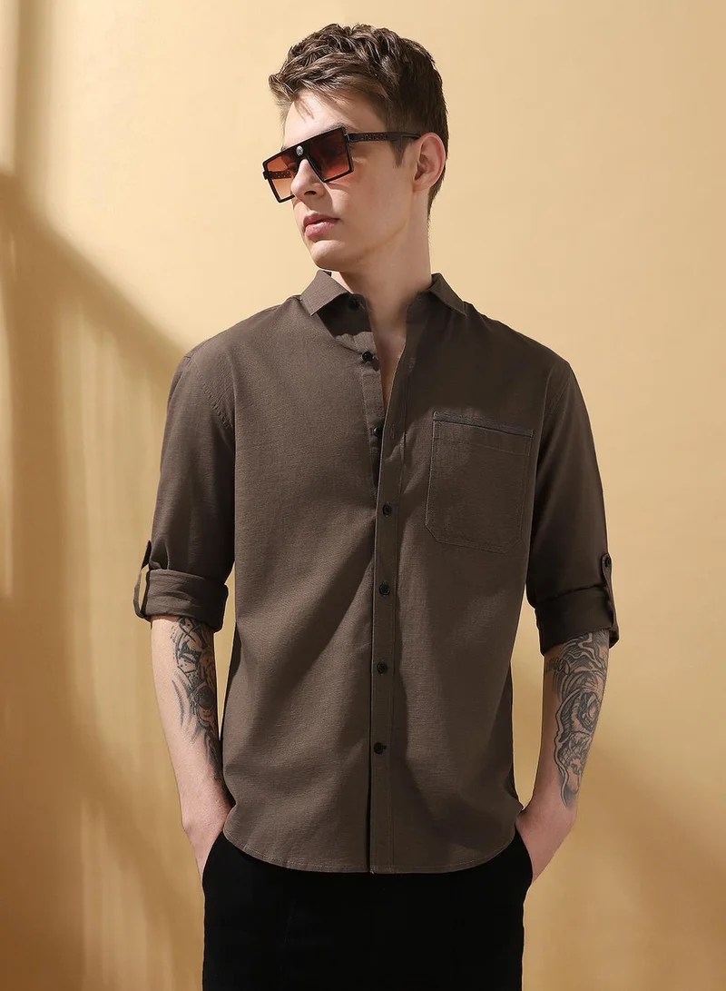 Dennis Lingo Men's Brown 100% Cotton Textured Button Down Regular FiT-Shirt