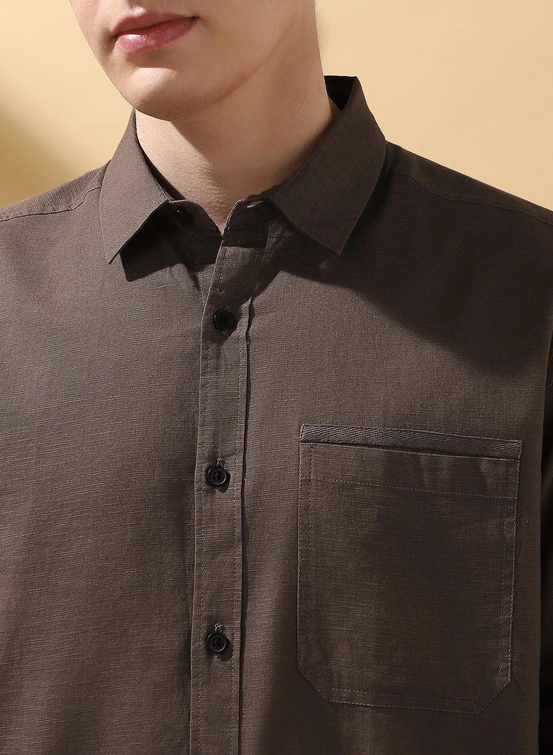 Dennis Lingo Men's Brown 100% Cotton Textured Button Down Regular FiT-Shirt