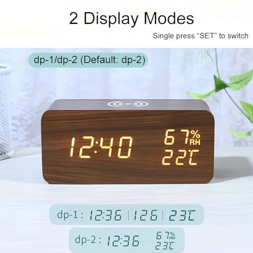 Lancoon Digital Alarm Clock with LED Wireless Charging Temperature and Humidity Display 3 Alarms Adjustable Brightness Sound Control for Bedroom Home Office (Brown) - Image 3