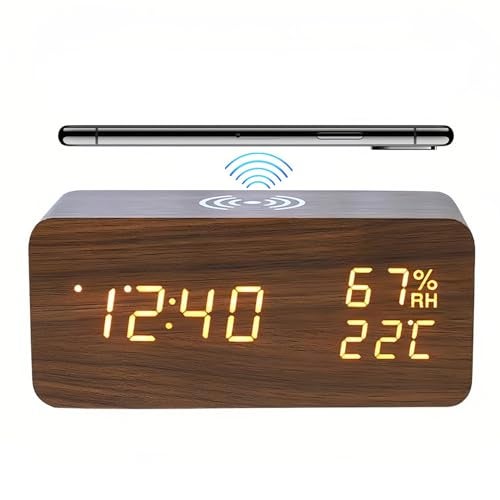 Lancoon Digital Alarm Clock with LED Wireless Charging Temperature and Humidity Display 3 Alarms Adjustable Brightness Sound Control for Bedroom Home Office (Brown) - Image 1