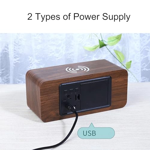 Lancoon Digital Alarm Clock with LED Wireless Charging Temperature and Humidity Display 3 Alarms Adjustable Brightness Sound Control for Bedroom Home Office (Brown) - Image 5