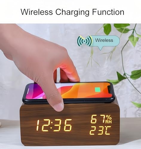 Lancoon Digital Alarm Clock with LED Wireless Charging Temperature and Humidity Display 3 Alarms Adjustable Brightness Sound Control for Bedroom Home Office (Brown) - Image 2