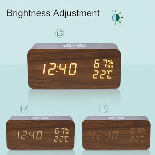 Lancoon Digital Alarm Clock with LED Wireless Charging Temperature and Humidity Display 3 Alarms Adjustable Brightness Sound Control for Bedroom Home Office (Brown) - Image 4