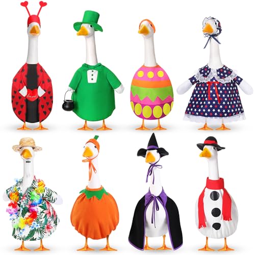 Silicherry 8 Set Holiday Seasonal Baby Goose Outfits for 17" Cement Statue St. Patrick's Day, Easter, 4th of July, Summer All Seasons Lawn Porch Goose Clothes Costume for Garden Patio Outdoor Decor - Image 1