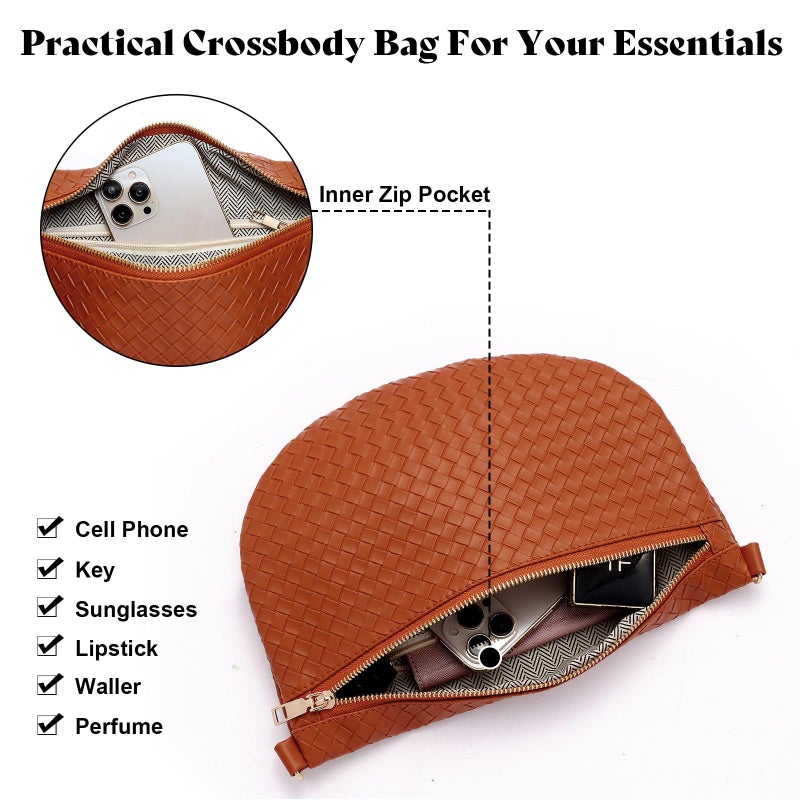 Dealkion Woven Crossbody Bags for Women Leather Belt Bum Sling Purse Fanny Waist Pack Chest Shoulder Bag for Women-Brown - Image 5