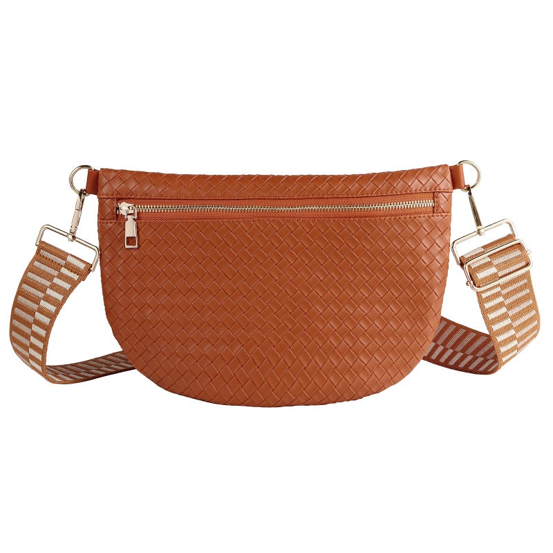 Dealkion Woven Crossbody Bags for Women Leather Belt Bum Sling Purse Fanny Waist Pack Chest Shoulder Bag for Women-Brown - Image 1