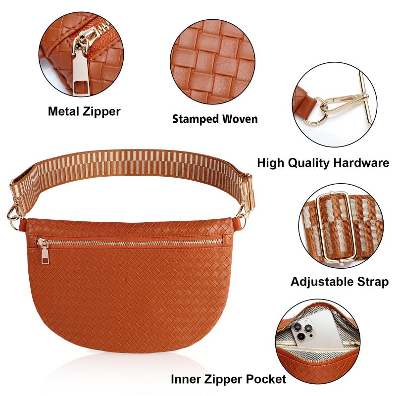Dealkion Woven Crossbody Bags for Women Leather Belt Bum Sling Purse Fanny Waist Pack Chest Shoulder Bag for Women-Brown - Image 3
