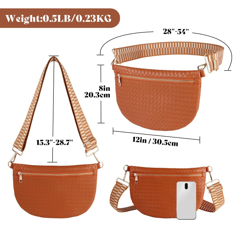 Dealkion Woven Crossbody Bags for Women Leather Belt Bum Sling Purse Fanny Waist Pack Chest Shoulder Bag for Women-Brown - Image 4