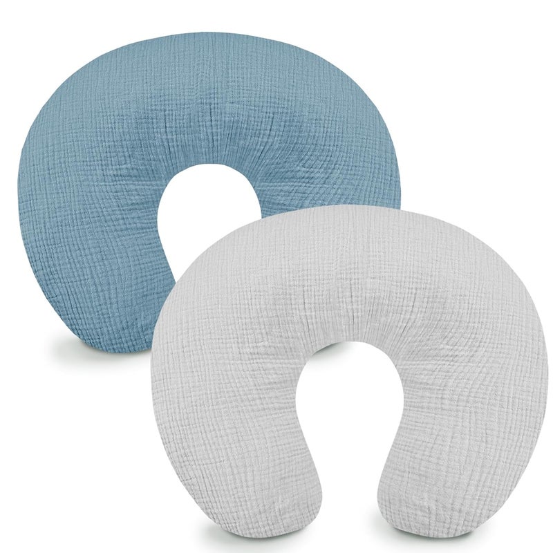 Hooyax Muslin Nursing Pillow Covers 2 Pack Soft and Breathable Nursing Covers for Breastfeeding Pillows Adorable Infant Feeding Pillow Slipcover for Baby Boy and Girls Blue Grey - Image 1