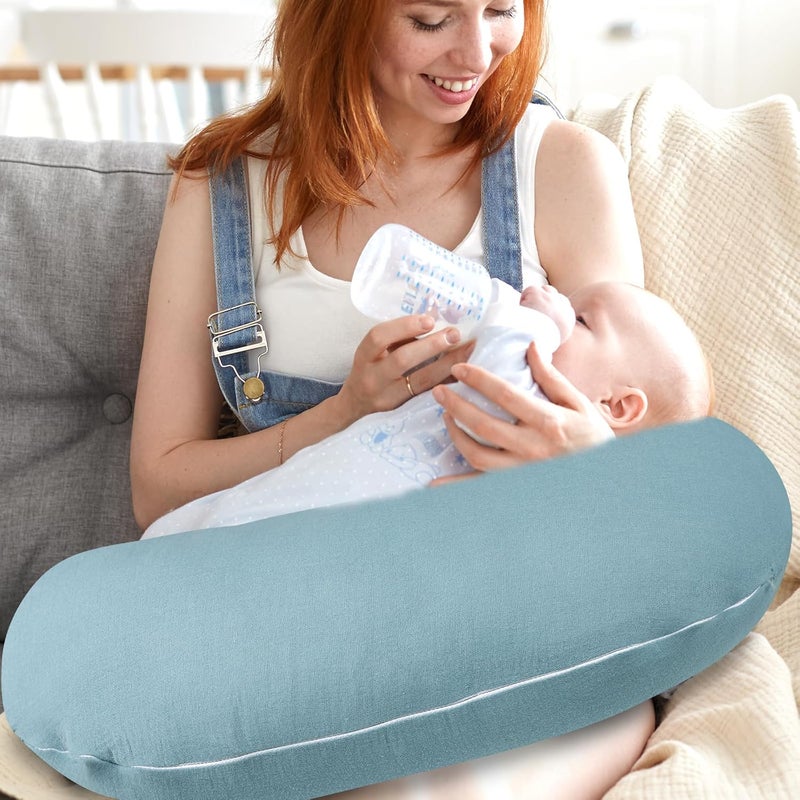 Hooyax Muslin Nursing Pillow Covers 2 Pack Soft and Breathable Nursing Covers for Breastfeeding Pillows Adorable Infant Feeding Pillow Slipcover for Baby Boy and Girls Blue Grey - Image 2