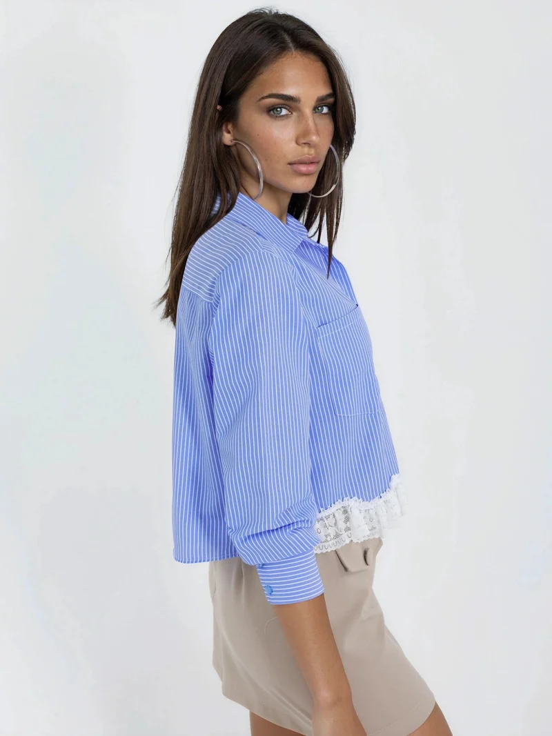 Qustyle QU STYLE Striped Crop Button-Up Shirt with Shirt Collar