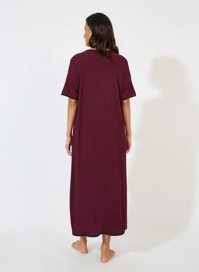 Styli Rib Contrast Edge Button Closure Nightshirt Dress