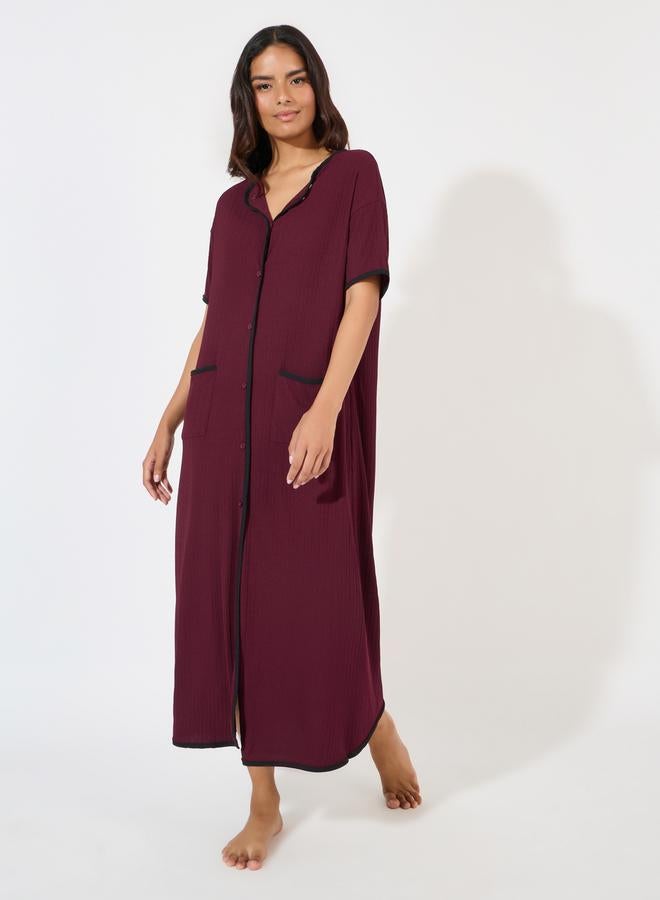Styli Rib Contrast Edge Button Closure Nightshirt Dress  - Image 1