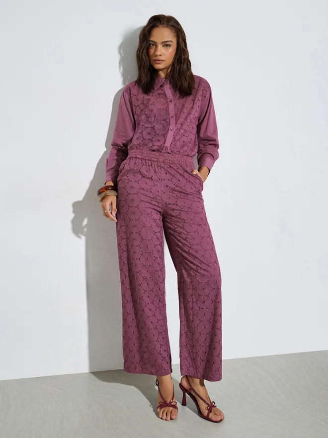 Styli Purple Embroidered Eyelet Cotton Shirt