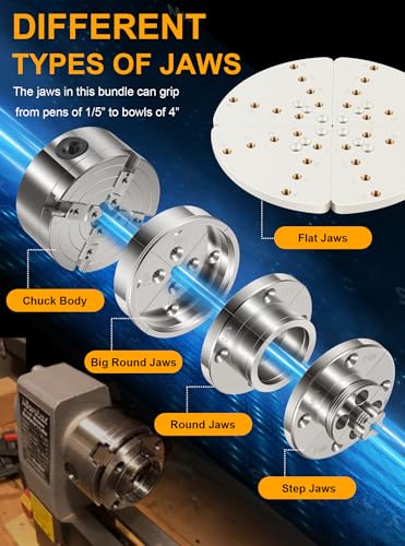 Deargooday 4 Inch Wood Lathe Chuck Set 1" x 8 tpi Thread & 3/4"x16 tpi Adapter, Self Centering 4 Jaw Wood Turning Chuck set with 3 frequently used types of Jaws - Image 2