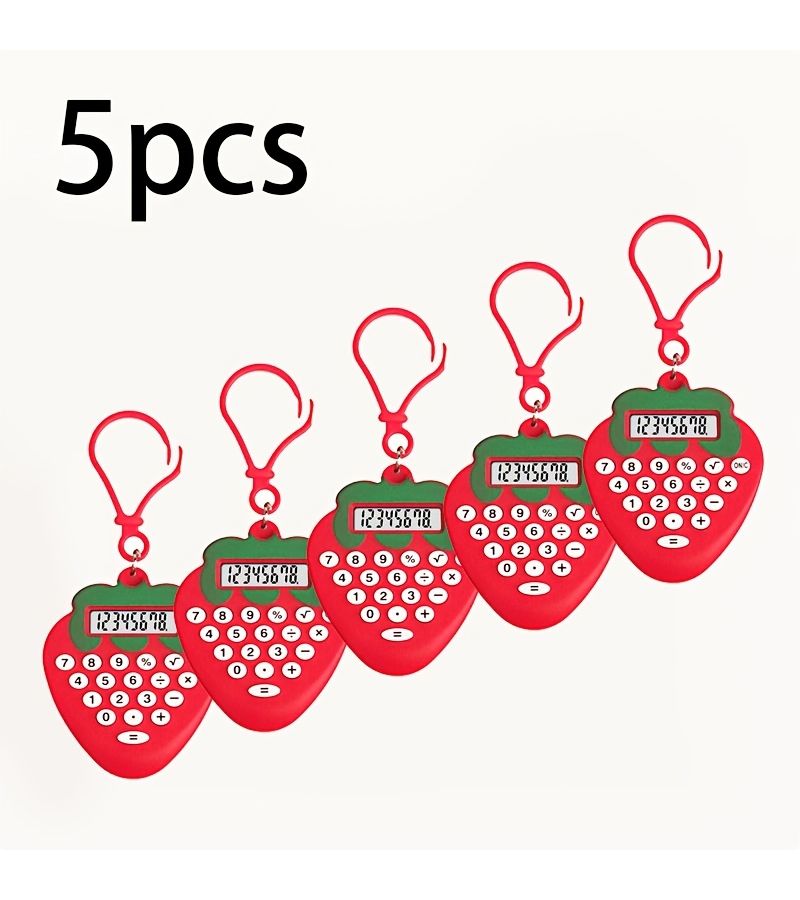 5 Beige Strawberry Shaped Keychain Calculators Portable Compact Button Design Clear Screen - Image 1