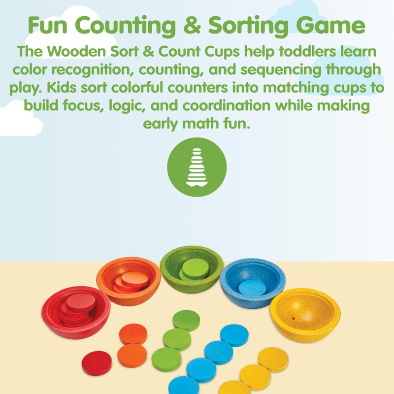PlanToysÂ® Wooden Sort & Count Cups Montessori Math Toy | Color Sorting Counting Game for Toddlers | Preschool Educational Learning Toys for Fine Motor Skill Development - Image 2