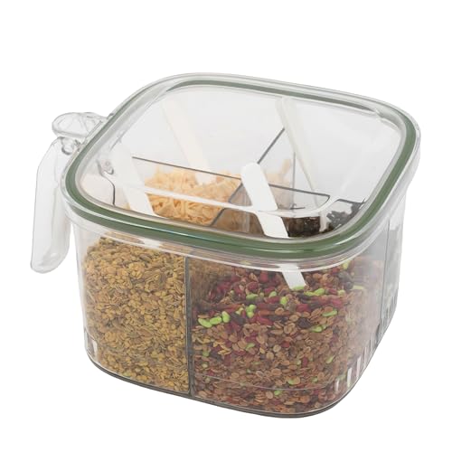 TOMATUS® Seasoning Box with Lid and Spoon, 4 Compartment Spice Pots with Handle, Home Kitchen Condiment Jars, Plastic Seasoning Container Set for Sugar Salt Pepper, Pack Of 1, Green - Image 1