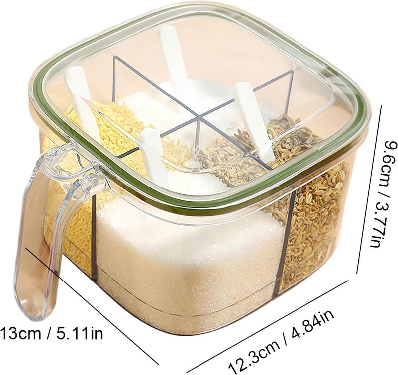 TOMATUS® Seasoning Box with Lid and Spoon, 4 Compartment Spice Pots with Handle, Home Kitchen Condiment Jars, Plastic Seasoning Container Set for Sugar Salt Pepper, Pack Of 1, Green - Image 4