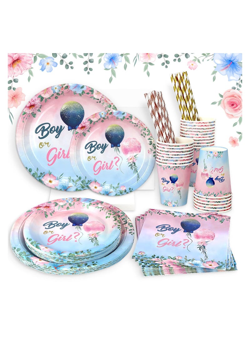 Gender Reveal Party Supplies Set for 16 Guests - 84 PCS Floral Tableware Including Paper Plates, Cups, Napkins, Straws, and Balloons for Celebrating Boy or Girl Reveal - Image 1