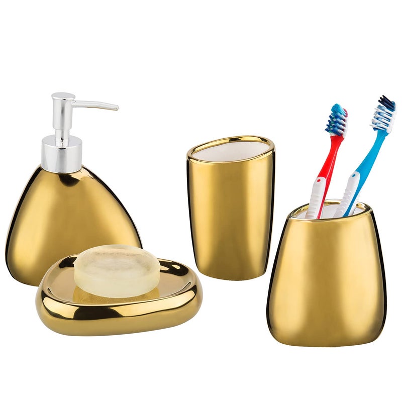 MyGift 4 Pc Complete Set Modern Ceramic Gold Bathroom Accessories Set with Soap Dispenser, Tumbler, Toothbrush Holder and Soap Dish, Bathroom Organizer Accessory for Modern Home Decor - Image 3