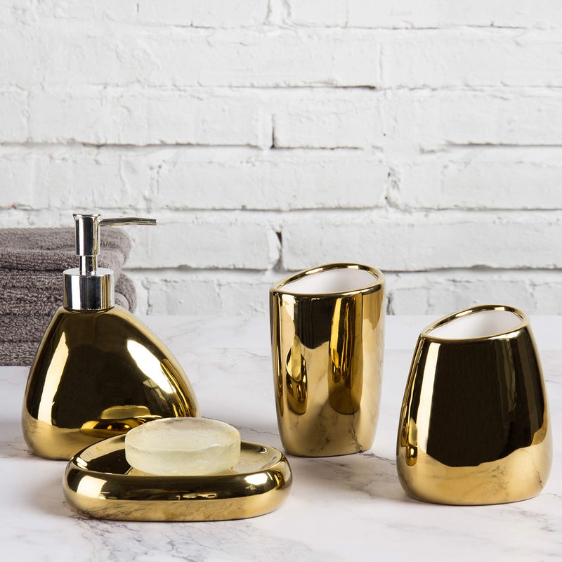 MyGift 4 Pc Complete Set Modern Ceramic Gold Bathroom Accessories Set with Soap Dispenser, Tumbler, Toothbrush Holder and Soap Dish, Bathroom Organizer Accessory for Modern Home Decor - Image 1