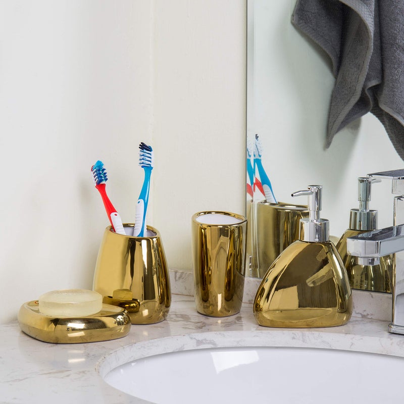 MyGift 4 Pc Complete Set Modern Ceramic Gold Bathroom Accessories Set with Soap Dispenser, Tumbler, Toothbrush Holder and Soap Dish, Bathroom Organizer Accessory for Modern Home Decor - Image 2