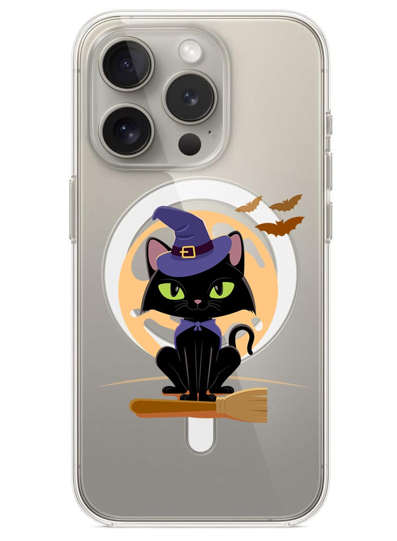 Theodor Magnetic Case for iPhone 15 Pro 6.1-inch Compatible with MagSafe Wireless Charging, Shockproof Phone Bumper Cover Cat Halloween with broom - Image 1