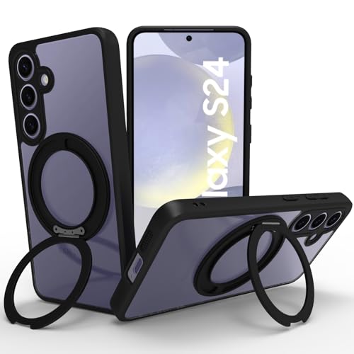 RIGGEAR Shockproof Sleek Hybrid Armor 360° Rotating Magnetic Ring Stand Back Cover Case Compatible with MagSafe Accessories for Samsung Galaxy S24 (Clear PC + Black TPU Bumper) - Image 1