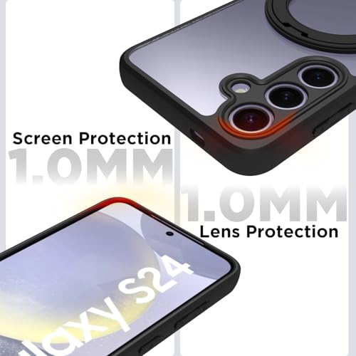 RIGGEAR Shockproof Sleek Hybrid Armor 360° Rotating Magnetic Ring Stand Back Cover Case Compatible with MagSafe Accessories for Samsung Galaxy S24 (Clear PC + Black TPU Bumper) - Image 4