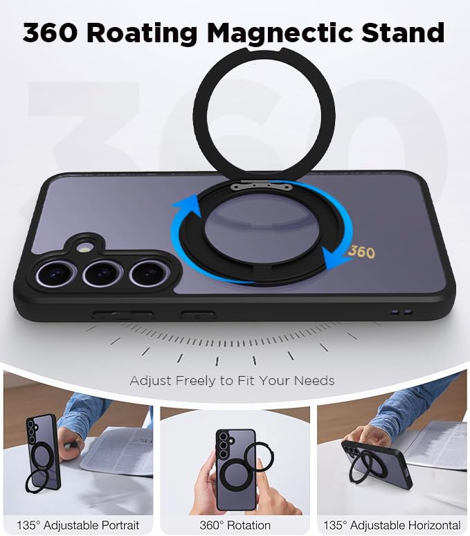 RIGGEAR Shockproof Sleek Hybrid Armor 360° Rotating Magnetic Ring Stand Back Cover Case Compatible with MagSafe Accessories for Samsung Galaxy S24 (Clear PC + Black TPU Bumper) - Image 3